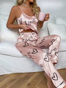 Dream Adore Heart & Letter Graphic Satin PJ Set / Pajama Set - Baby Pink - View 3