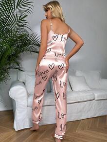 Dream Adore Heart & Letter Graphic Satin PJ Set / Pajama Set - Baby Pink - View 2