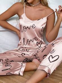 Dream Adore Heart & Letter Graphic Satin PJ Set / Pajama Set - Baby Pink - View 6