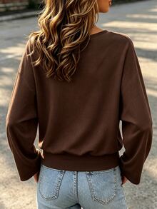 INAWLY Solva Women's Solid Color V-Neck Drop Shoulder Long Sleeve Casual T-Shirt - Coffee Brown - View 2