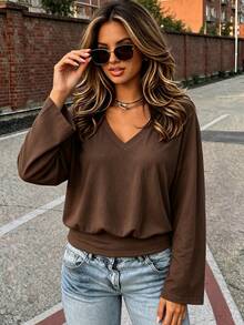 INAWLY Solva Women's Solid Color V-Neck Drop Shoulder Long Sleeve Casual T-Shirt - Coffee Brown - View 4