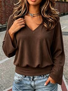 INAWLY Solva Women's Solid Color V-Neck Drop Shoulder Long Sleeve Casual T-Shirt - Coffee Brown - View 3