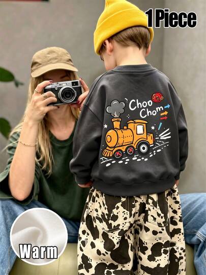 1pc Boys Casual Long Sleeve Crew Neck Sweatshirt, Cute Train Print, Suitable For Daily Wear, Outings, Autumn/Winter