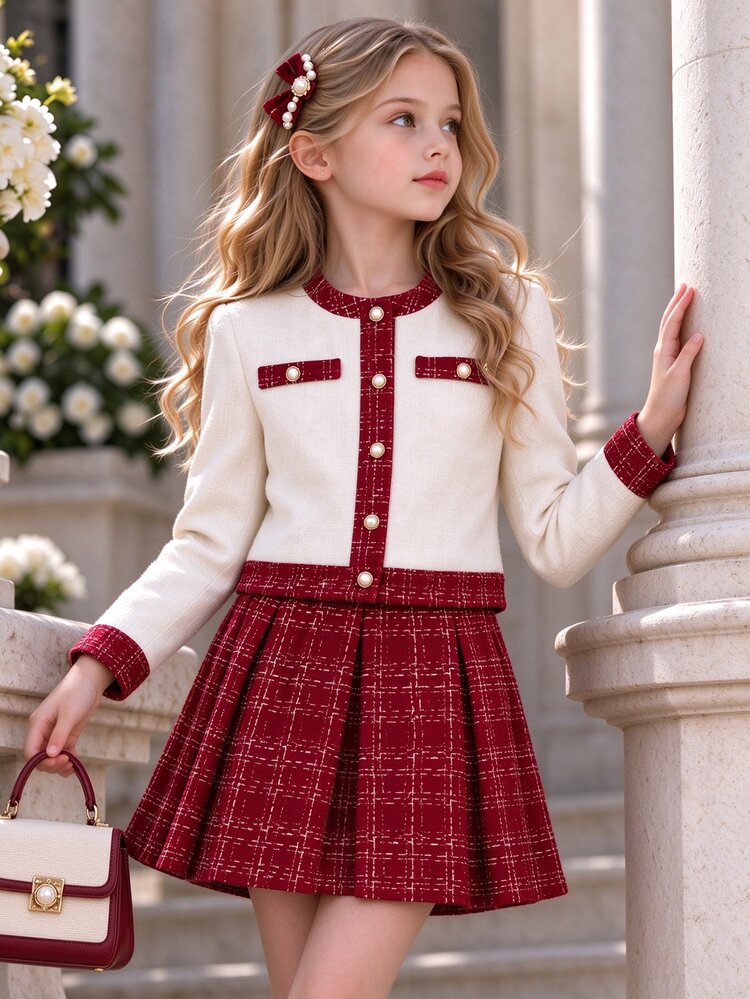 SHEIN Setelan Jaket Tweed Elegan dan Rok Lipit 2 Potong untuk Anak Perempuan Remaja, Pakaian Musim Gugur dan Musim Dingin Klasik, Blazer Rajut Kancing Leher Bulat Motif Kotak-kotak, Rok Mini Skater - Burgundy - View 7