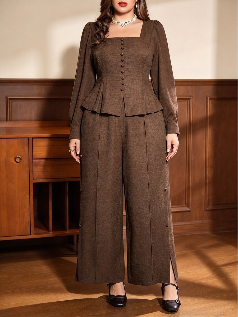 Auvina Plus Size Women's Button-Down Shirt And Wide-Leg Pants, Elegant 1920 Vintage 1920s Vintage Casual Party Brunch Evening Two Pieces Set Brown Fall - Coffee Brown - View 1