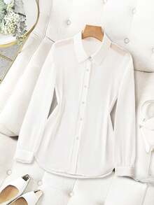 Franclia Camisa básica de cuello transparente, lisa y sencilla, con mangas largas - Blanco - Ver 6