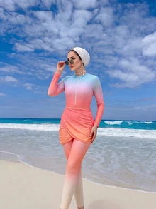 Swim Shayni Women Spring Break Beach Outfits - Conservative Style Gradient Color 3 Pieces Swimsuit Bathing Suits Arabic Clothing For Summer Beach Vacation - Multicolor - View 2