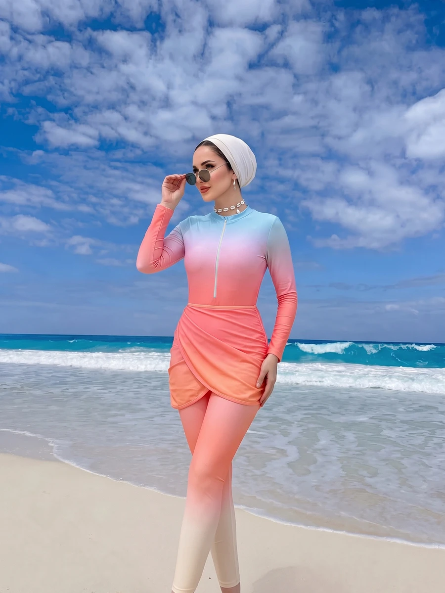 Swim Shayni Women Spring Break Beach Outfits - Conservative Style Gradient Color 3 Pieces Swimsuit Bathing Suits Arabic Clothing For Summer Beach Vacation