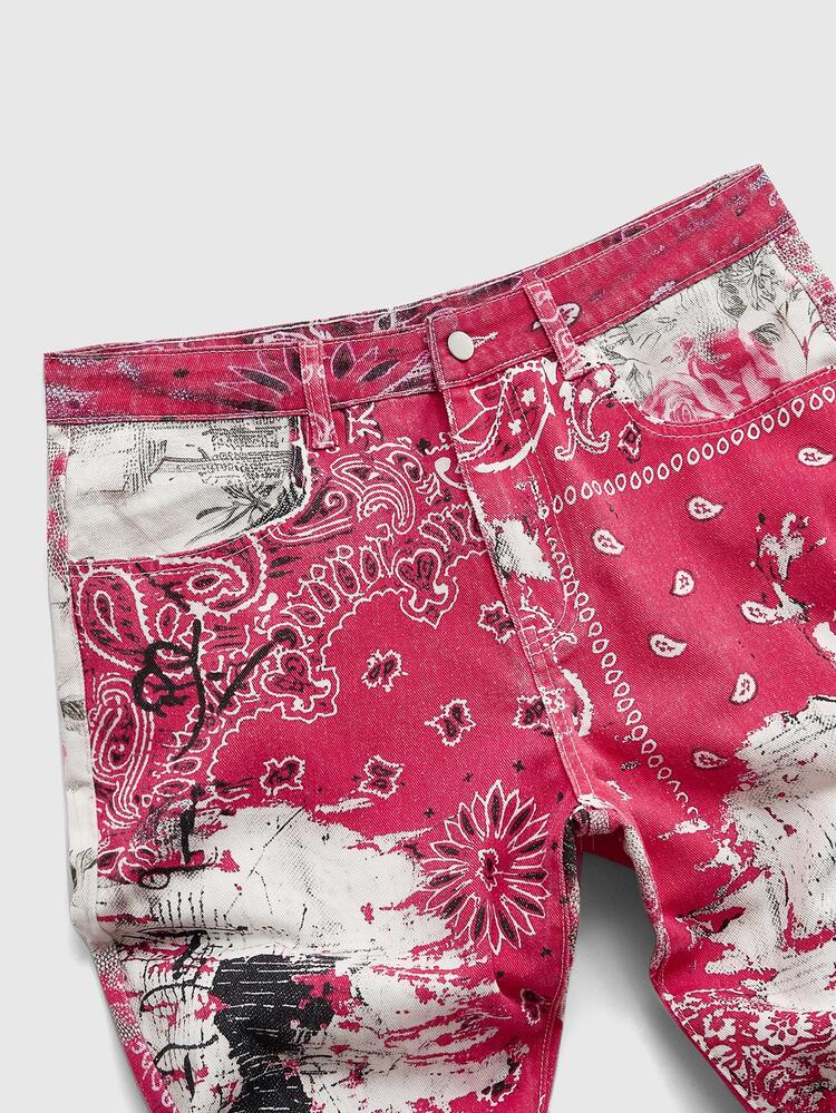 ROMWE MEN Street Life Men's Paisley Pattern Casual Layered Bell Bottom Jeans - Multicolor - View 3