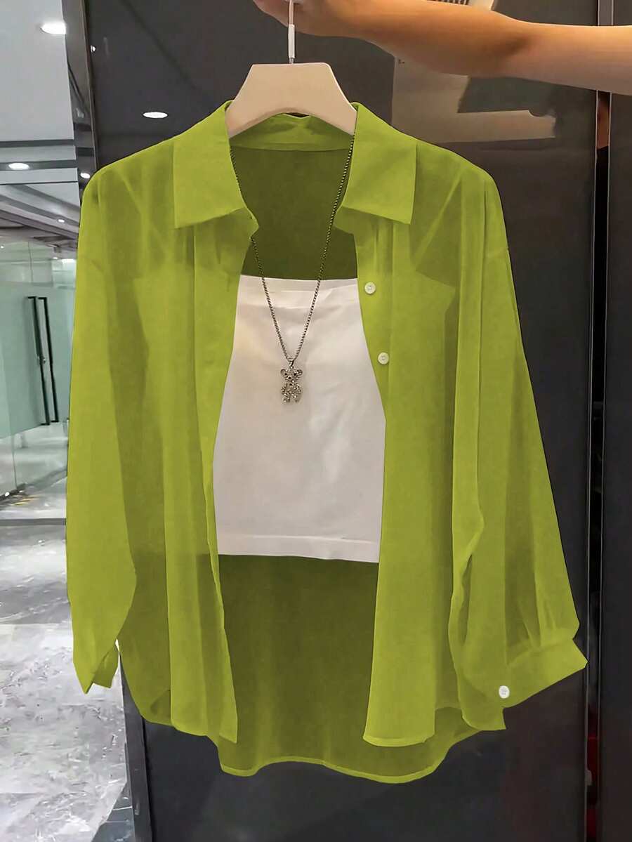 Franclia Basic Transparent Solid Color Minimalist Shirt With Turndown Collar Fall Cloth For Women - Green - View 1