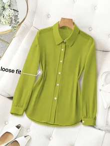 Franclia Basic Transparent Solid Color Minimalist Shirt With Turndown Collar Fall Cloth For Women - Green - View 3