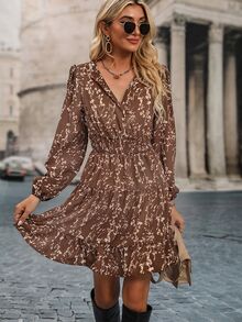 SHEIN Clasi Ditsy Floral Print Lantern Sleeve Ruffle Hem Shirred Dress Burgundy Color Women Outfit Fall Cloth For Women - Brown - View 6