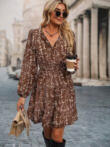 SHEIN Clasi Ditsy Floral Print Lantern Sleeve Ruffle Hem Shirred Dress Burgundy Color Women Outfit Fall Cloth For Women - Brown - View 7