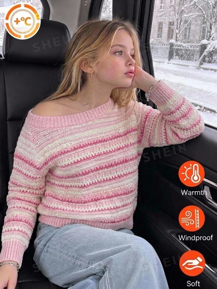 SHEIN Tween Girls Sweaters Versatile Gradient Striped Mini Knit Cute Vacation Sweater Autumn Kids - Pink - View 1