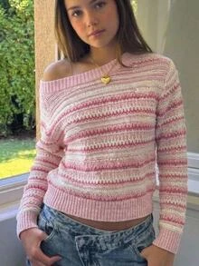 SHEIN 青少年女孩針織毛衣 多功能漸層條紋短版可愛度假風秋季童裝 - 粉色 - 查看 2