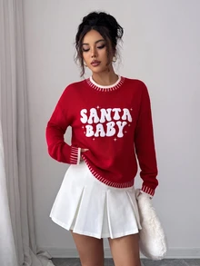 SHEIN EZwear 女款字母圖案休閒紅色毛衣針織衫 聖誕嬰兒款 秋冬毛衣 2026聖誕新年穿搭派對經典醜毛衣針織衫 - 紅色 - 查看 4