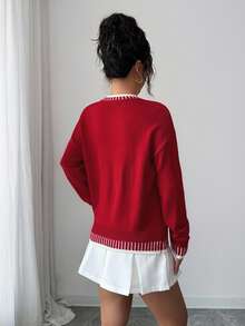 SHEIN EZwear 女款字母圖案休閒紅色毛衣針織衫 聖誕嬰兒款 秋冬毛衣 2026聖誕新年穿搭派對經典醜毛衣針織衫 - 紅色 - 查看 2