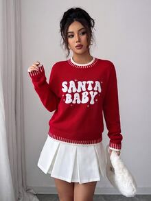 SHEIN EZwear 女款字母圖案休閒紅色毛衣針織衫 聖誕嬰兒款 秋冬毛衣 2026聖誕新年穿搭派對經典醜毛衣針織衫 - 紅色 - 查看 6
