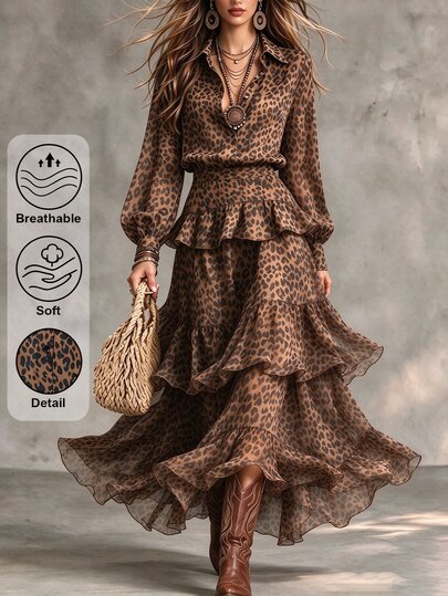 SHEIN Women's Leopard Print Lapel Sigle-Breasted Long Sleeve Shirt+Layered Ruffle Skirt 2pcs Vacation Beige Khiki Black Fall Boho Casual Polka Dot Outfit
