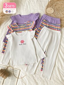 SHEIN 6件組女童幼兒清新活力風羅紋紋理布料套裝，彩色條紋與素色可選，雛菊印花字母圖案上衣，荷葉袖長袖上衣搭配同布料荷葉邊長褲，適中厚度，適合日常外出、戶外玩耍、秋季穿搭 - 彩色 - 查看 3