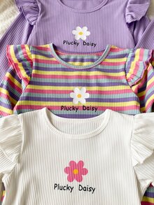 SHEIN 6件組女童幼兒清新活力風羅紋紋理布料套裝，彩色條紋與素色可選，雛菊印花字母圖案上衣，荷葉袖長袖上衣搭配同布料荷葉邊長褲，適中厚度，適合日常外出、戶外玩耍、秋季穿搭 - 彩色 - 查看 8