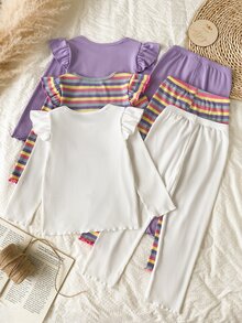 SHEIN 6件組女童幼兒清新活力風羅紋紋理布料套裝，彩色條紋與素色可選，雛菊印花字母圖案上衣，荷葉袖長袖上衣搭配同布料荷葉邊長褲，適中厚度，適合日常外出、戶外玩耍、秋季穿搭 - 彩色 - 查看 2