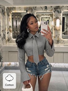 SHEIN BamGlam 女款格紋綁帶短版長袖上衣 喇叭袖修身短版襯衫 街頭風 夜店外出秋季棉質格紋襯衫上班上衣 - 黑與白 - 查看 2