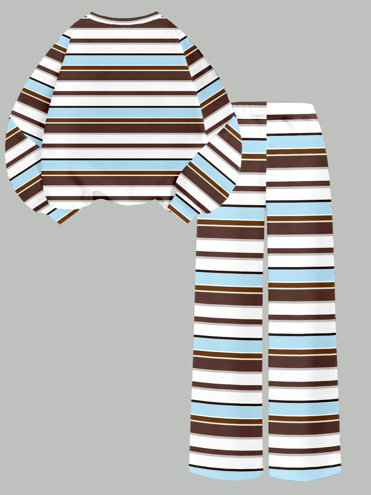 Young Girls Casual Fresh Sea Salt Cocoa Horizontal Stripe & Brown Colorblock Graphic Crew Neck Sweatshirt & Wide Leg Pants Set, Fall Outfits - Multicolor - View 2
