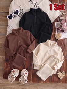 SHEIN Playful Pals 1SET Infant Girls And Boys Solid Color Zipper Stand Collar Fleece Sweatshirt Wide Leg Sweatpants Set Family Milestone White Autumn Modest Matching - Multicolor - View 4