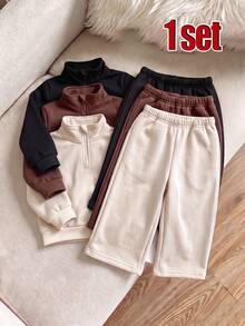 SHEIN Playful Pals 1SET Infant Girls And Boys Solid Color Zipper Stand Collar Fleece Sweatshirt Wide Leg Sweatpants Set Family Milestone White Autumn Modest Matching - Multicolor - View 1
