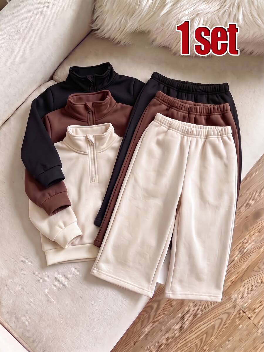 SHEIN Playful Pals 1SET Infant Girls And Boys Solid Color Zipper Stand Collar Fleece Sweatshirt Wide Leg Sweatpants Set Family Milestone White Autumn Modest Matching - Multicolor - View 1