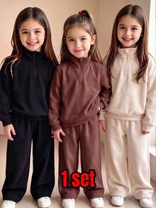 SHEIN Playful Pals 1SET Infant Girls And Boys Solid Color Zipper Stand Collar Fleece Sweatshirt Wide Leg Sweatpants Set Family Milestone White Autumn Modest Matching - Multicolor - View 3