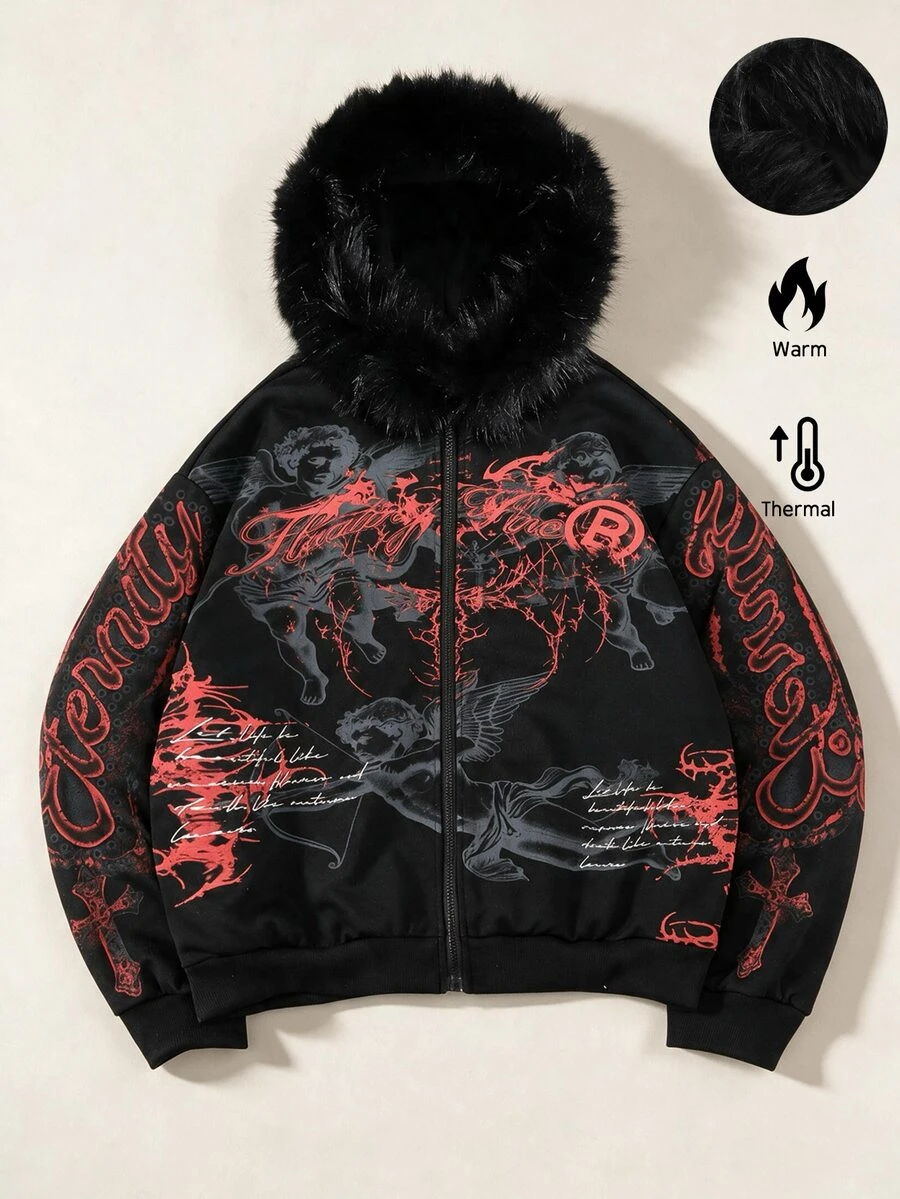 ROMWE MEN Street Life Men's Plush Collar Angel Print Pattern Sweatshirt Hoodie - Black - View 1