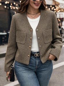 GlowEve CURVE 大尺碼女款長袖單排扣優雅休閒商務夾克外套 辦公商務穿搭 棕色 秋冬外套 - 金色 - 查看 1