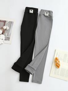 Girls High Waist Comfortable Solid Color Denim Soft Elastic Thermal Lined Leggings, 2pcs Casual Long Pants Set For Autumn/Winter - Multicolor - View 4
