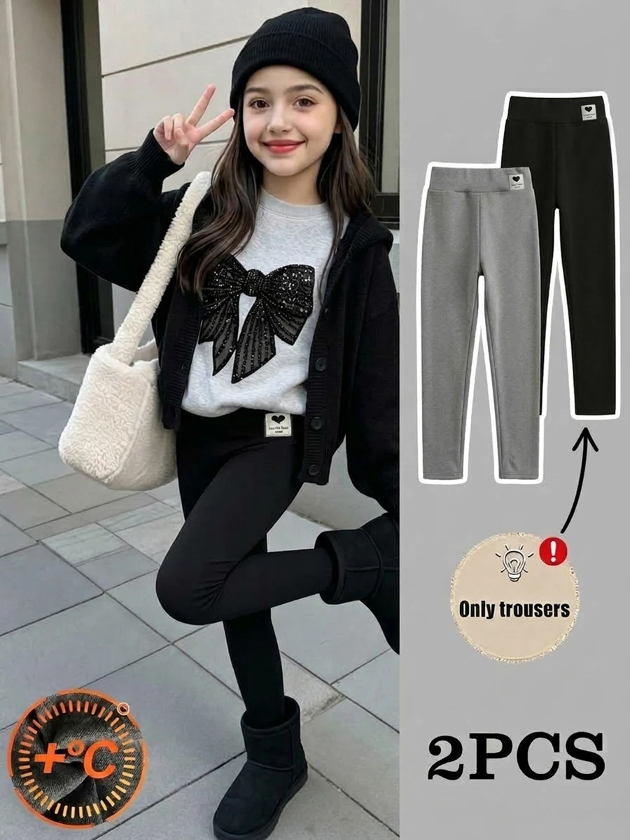 Girls High Waist Comfortable Solid Color Denim Soft Elastic Thermal Lined Leggings, 2pcs Casual Long Pants Set For Autumn/Winter - Multicolor - View 1