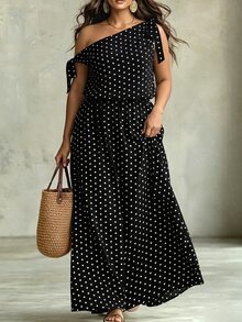 SHEIN LUNE CURVE 大尺碼不對稱單肩性感綁帶波點洋裝，復古長洋裝，適合通勤、約會、度假、派對 - 黑色 - 查看 1