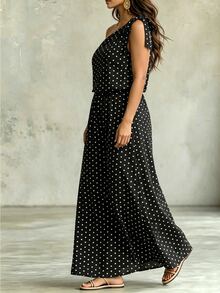 SHEIN LUNE CURVE 大尺碼不對稱單肩性感綁帶波點洋裝，復古長洋裝，適合通勤、約會、度假、派對 - 黑色 - 查看 5