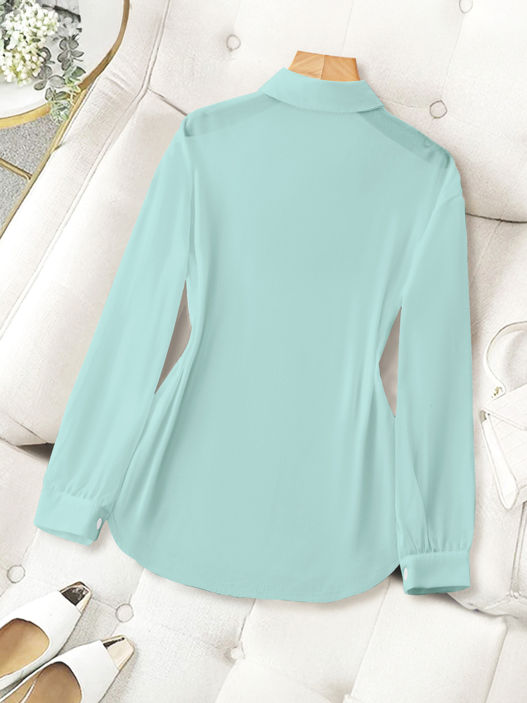 Franclia Collared Basic Transparent Solid Color Simple Shirt Fall Cloth For Women - Mint Green - View 2