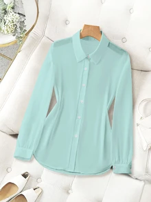 Franclia Collared Basic Transparent Solid Color Simple Shirt Fall Cloth For Women - Mint Green - View 6