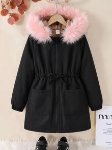 女童純色抓絨內裡休閒夾克外套，秋冬女童服飾 - 黑色 - 查看 4