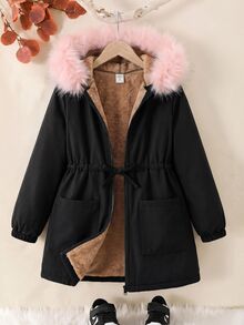 女童純色抓絨內裡休閒夾克外套，秋冬女童服飾 - 黑色 - 查看 6
