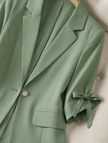 Franclia Commuter Style Fashion Versatile Slim Fit Bowknot Apricot 3/4 Sleeve Lightweight Blazer, Spring/Summer Apricot Women's Blazer, Elegant Spring Coat, Women's Business Casual Wear, Exquisite Spring Blazer, Women's Blazer, Business Casual Women's Wear, Office Women's Wear, Teacher Outfit, Autumn Women's Wear, Autumn Women's Blazer, Elegant Women's Blazer - Green - View 3