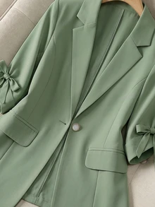Franclia Commuter Style Fashion Versatile Slim Fit Bowknot Apricot 3/4 Sleeve Lightweight Blazer, Spring/Summer Apricot Women's Blazer, Elegant Spring Coat, Women's Business Casual Wear, Exquisite Spring Blazer, Women's Blazer, Business Casual Women's Wear, Office Women's Wear, Teacher Outfit, Autumn Women's Wear, Autumn Women's Blazer, Elegant Women's Blazer - Green - View 4