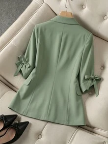 Franclia Commuter Style Fashion Versatile Slim Fit Bowknot Apricot 3/4 Sleeve Lightweight Blazer, Spring/Summer Apricot Women's Blazer, Elegant Spring Coat, Women's Business Casual Wear, Exquisite Spring Blazer, Women's Blazer, Business Casual Women's Wear, Office Women's Wear, Teacher Outfit, Autumn Women's Wear, Autumn Women's Blazer, Elegant Women's Blazer - Green - View 2