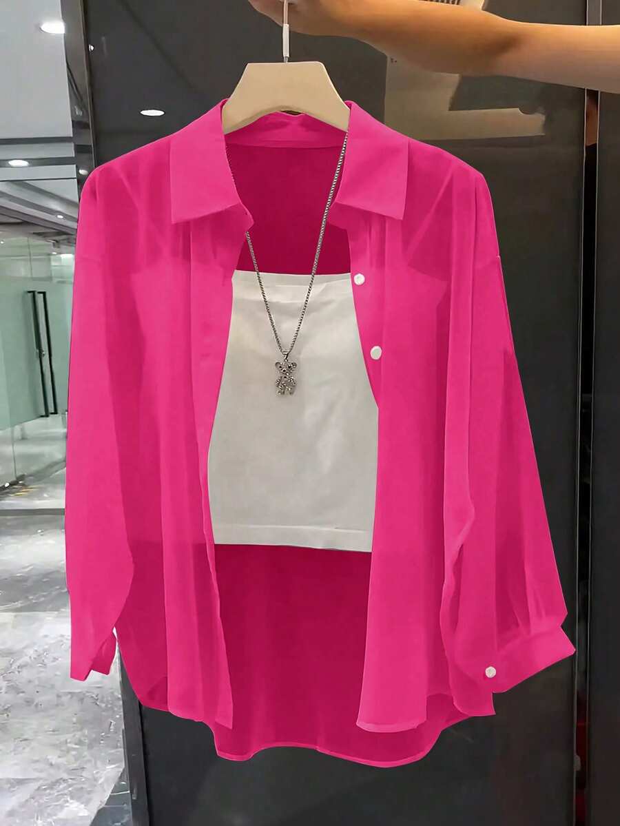 Franclia Blusa básica transparente sencilla con cuello vuelto - Rosa Fucsia - Ver 1