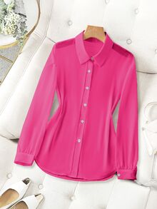 Franclia Blusa básica transparente sencilla con cuello vuelto - Rosa Fucsia - Ver 3