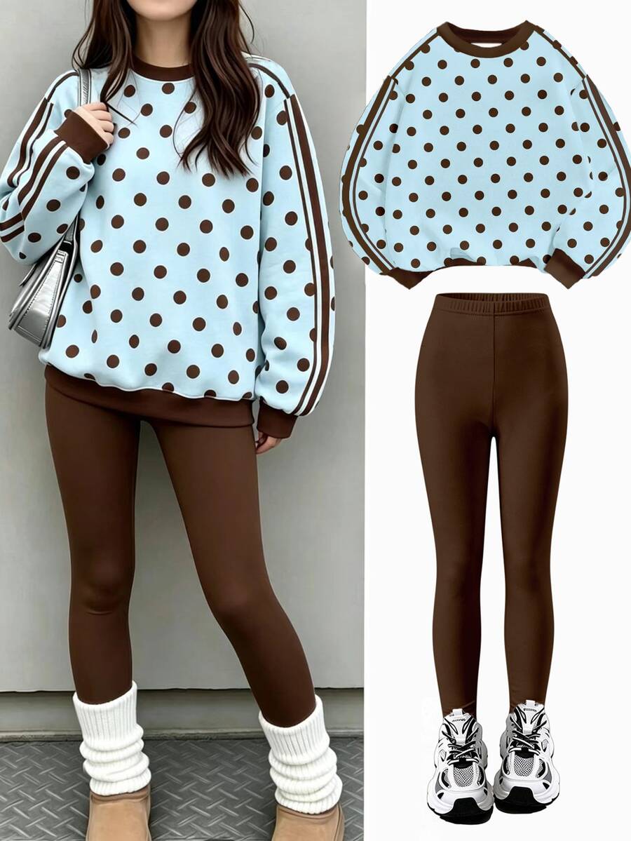 Tween Girls 2 Pcs Polka Dot Print Crew Neck Sweatshirt & Leggings Set, Cozy Casual, Fall Outfits - Multicolor - View 1
