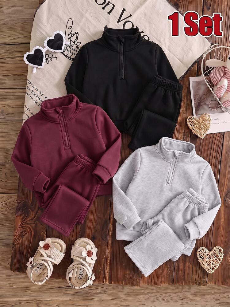 SHEIN One Set Baby Girls Solid Half Zip Stand Collar Sweatshirt & Wide Leg Sweatpants 2pcs Set, Casual Fall Winter Tracksuit - Multicolor - View 4