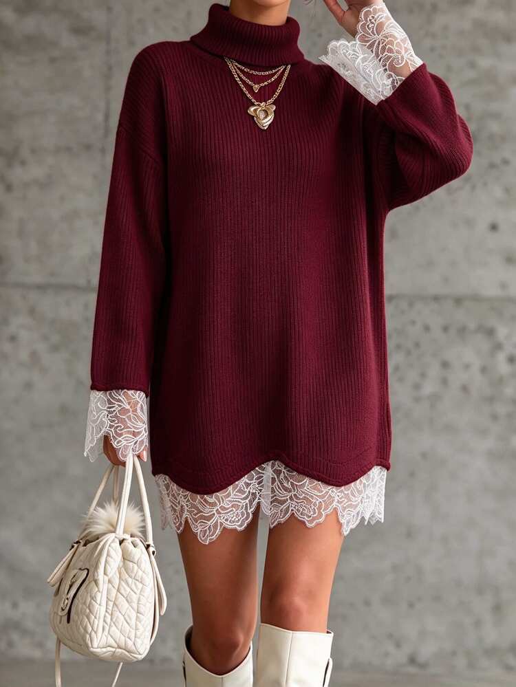 SHEIN Women's French Style Cream White Knit Mini Dress With Cowl Neck And Lace Trim Hem - Burgundy - View 5